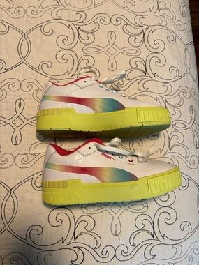 PUMA White Sneakers with Rainbow Accent and Neon green Sole